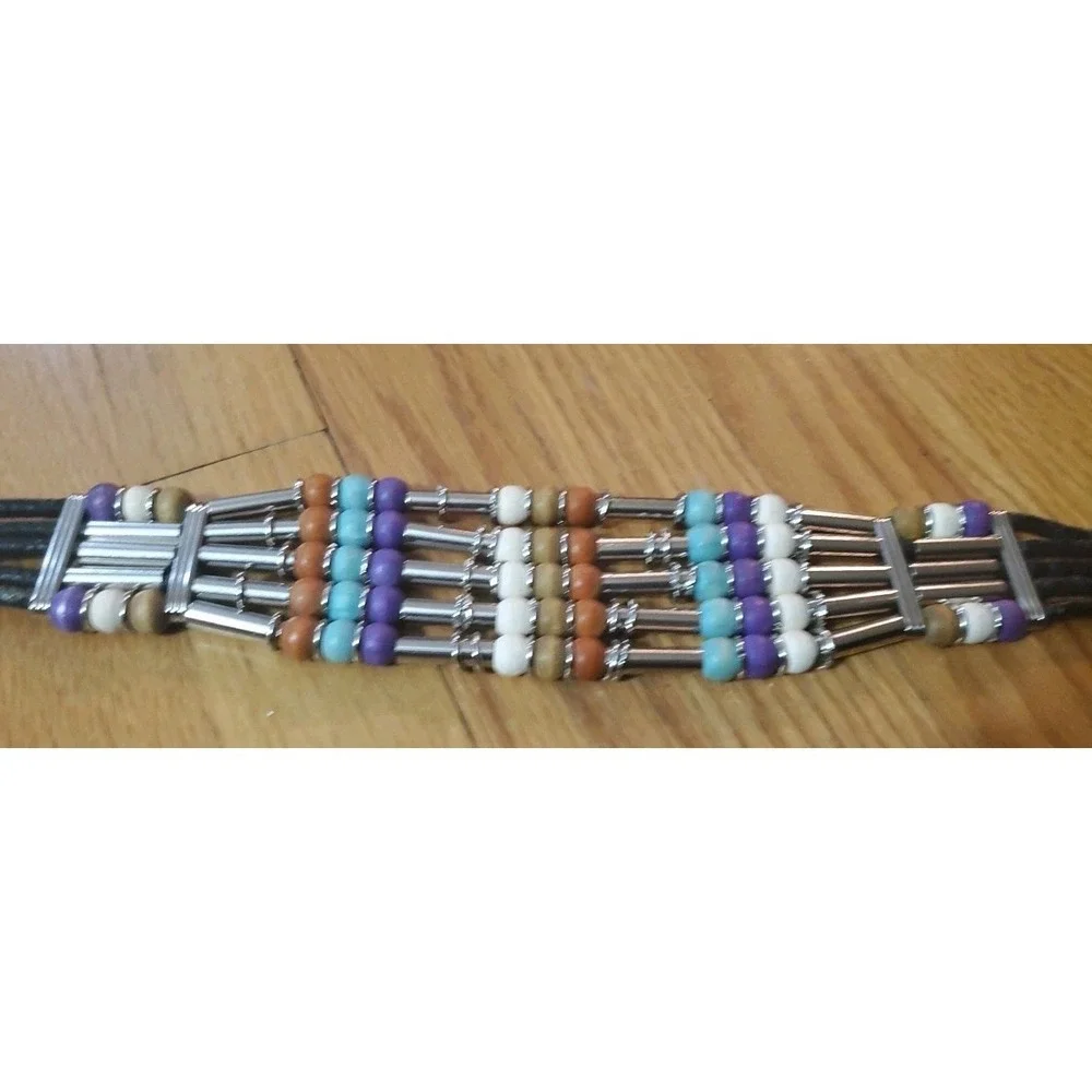 Black Leather &‎ Multi Color Wood and Plastic Beads Chain Belt Boho Hippie